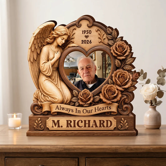 Always In Our Hearts Angel Photo Wooden Block - Personalized Sympathy Gift for Loss of Loved One