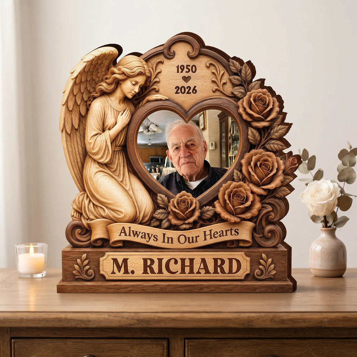Always In Our Hearts Angel Photo Wooden Block - Personalized Sympathy Gift for Loss of Loved One