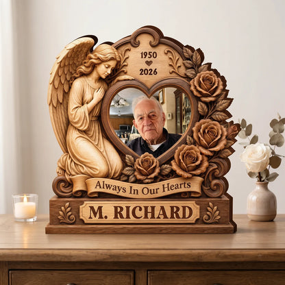 Always In Our Hearts Angel Photo Wooden Block - Personalized Sympathy Gift for Loss of Loved One