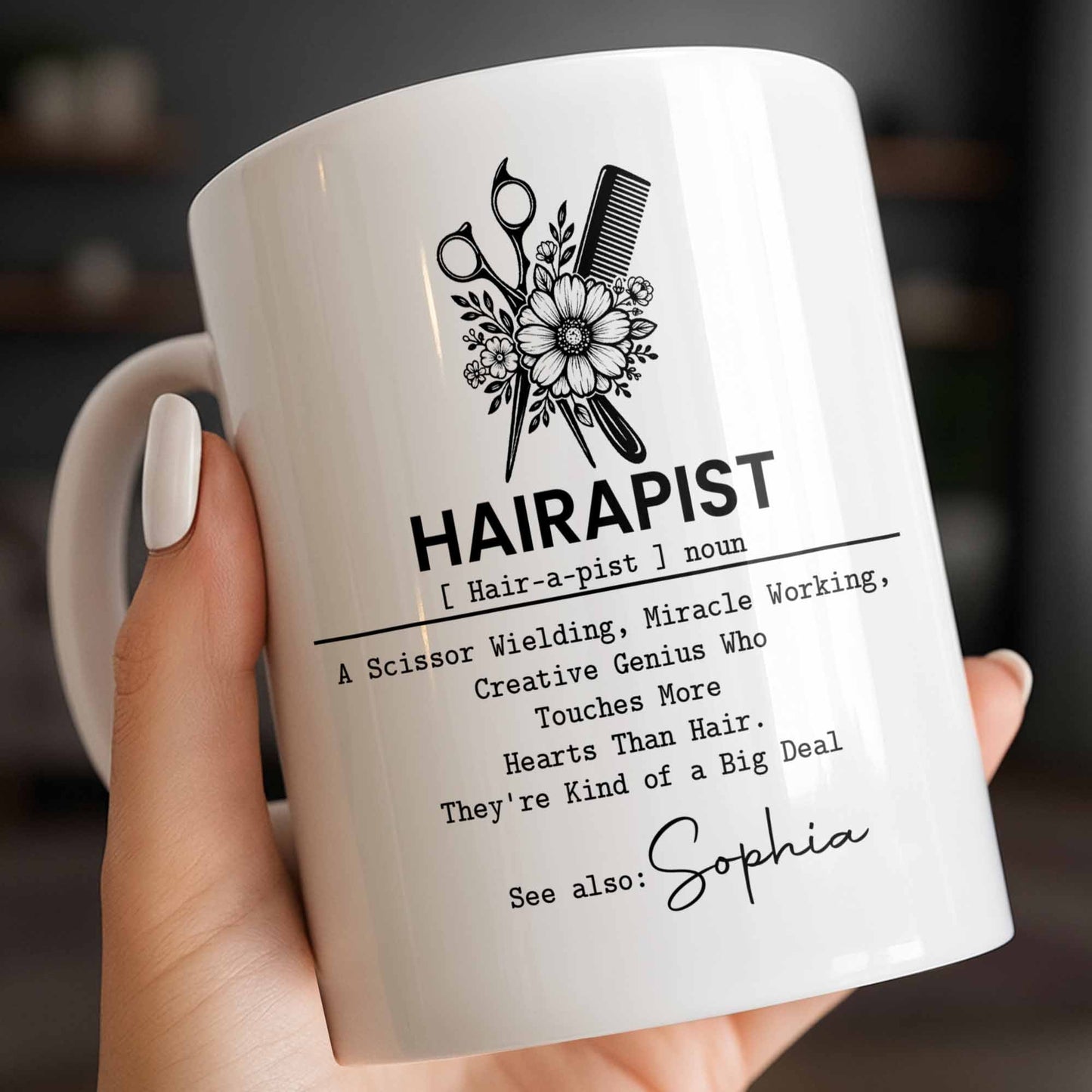 Personalized hair stylist mug featuring Hairapist definition and floral scissors design for hairdresser gifts image 7
