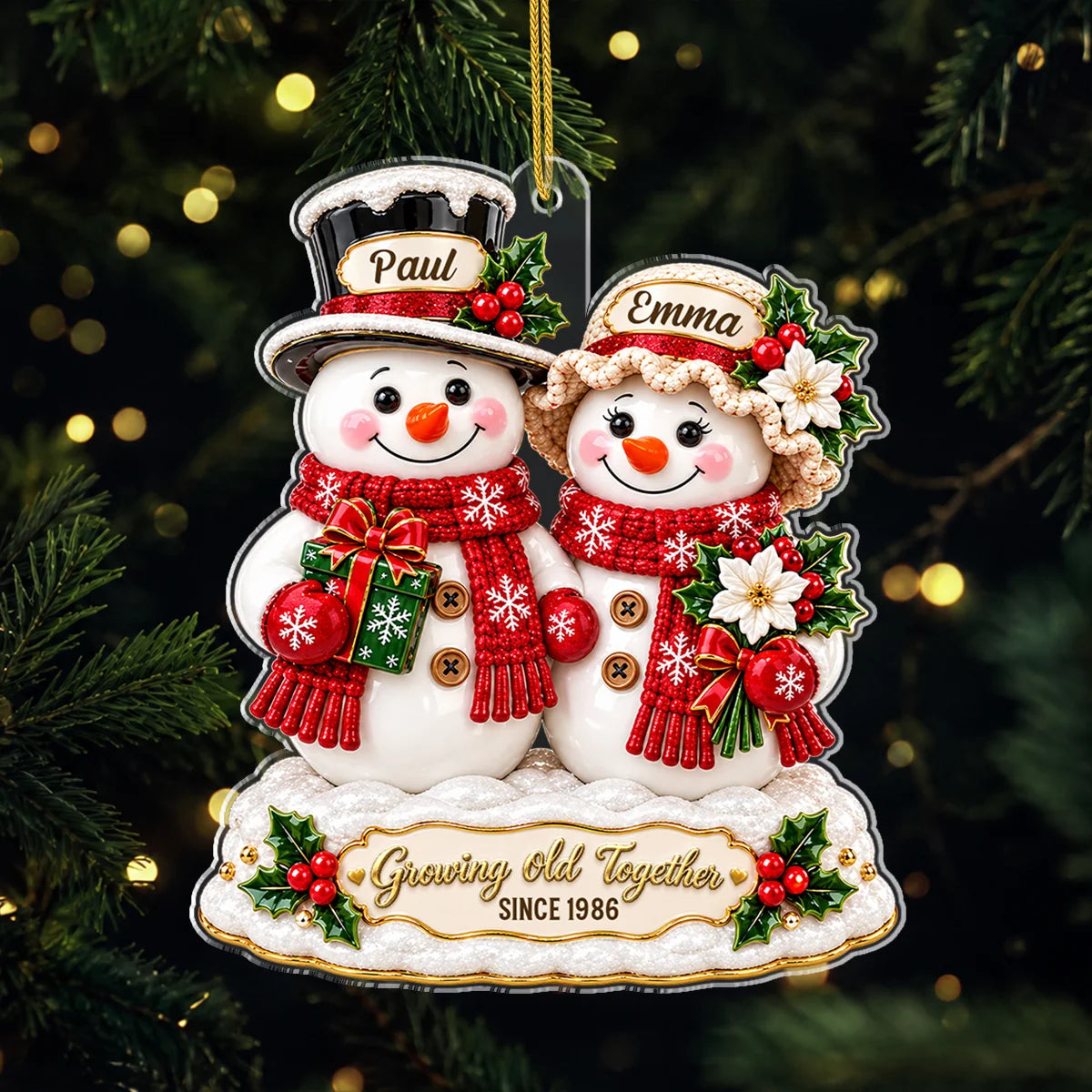 "Growing Old Together" Personalized Snowman Couple Acrylic Ornament - Anniversary for Husband & Wife