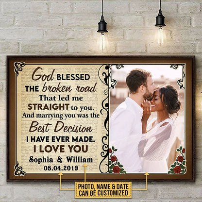 "God Blessed The Broken Road" Personalized Canvas / Poster Wall Art - Romantic Wedding & Anniversary Photo Gift for Couples