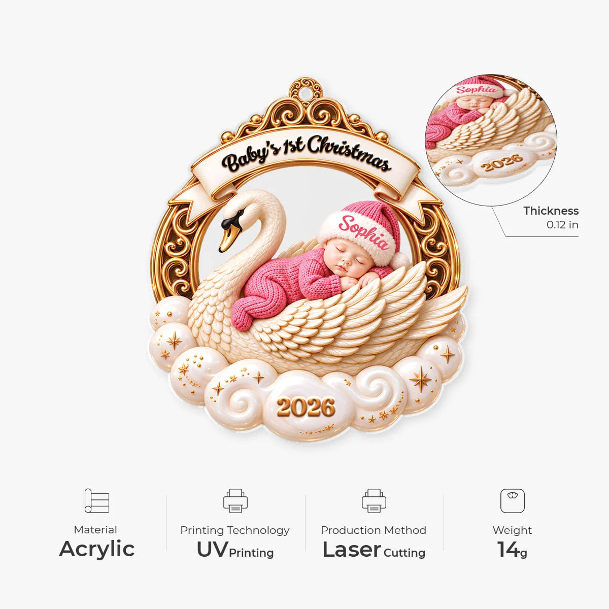 Baby's 1st Christmas Sleeping Swan - Personalized Acrylic Ornament for Newborn Keepsake