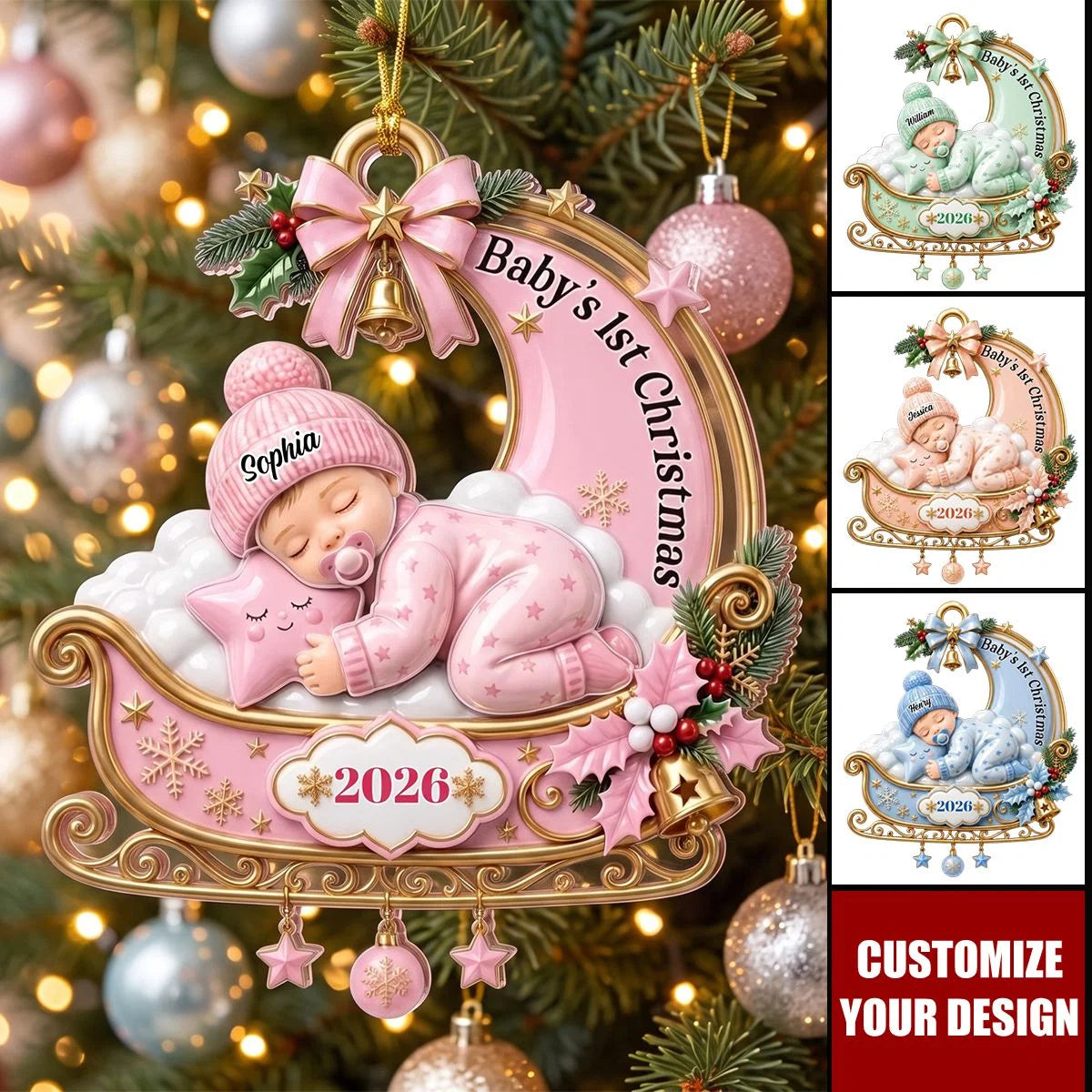 Baby's 1st Christmas Personalized Acrylic Ornament - Custom Sleeping Baby Keepsake
