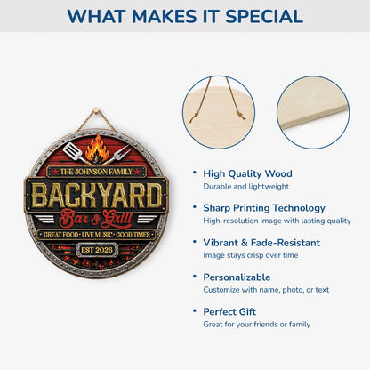 Backyard Bar and Grill Personalized Wood Sign - Custom BBQ Patio Decor Gift for Family