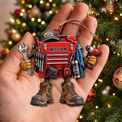Personalized Mechanic Toolbox Christmas Wooden Ornament - Custom Name Handyman Keepsake