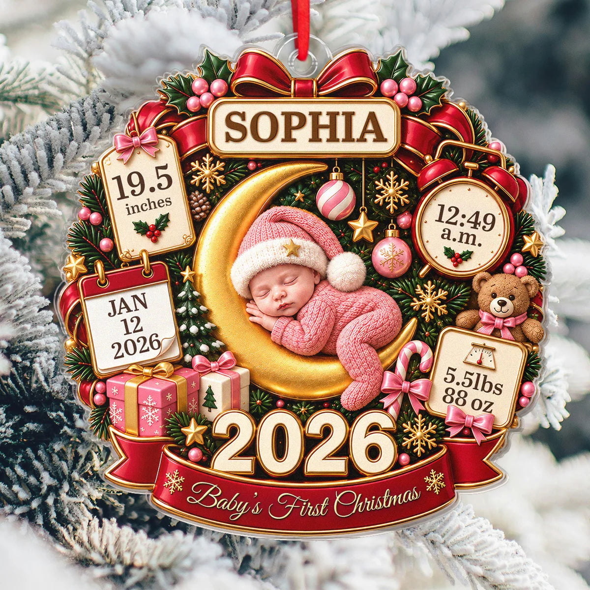 "Baby's First Christmas" Newborn Birth Stats Personalized Acrylic Ornament - Custom Gift for New Parents