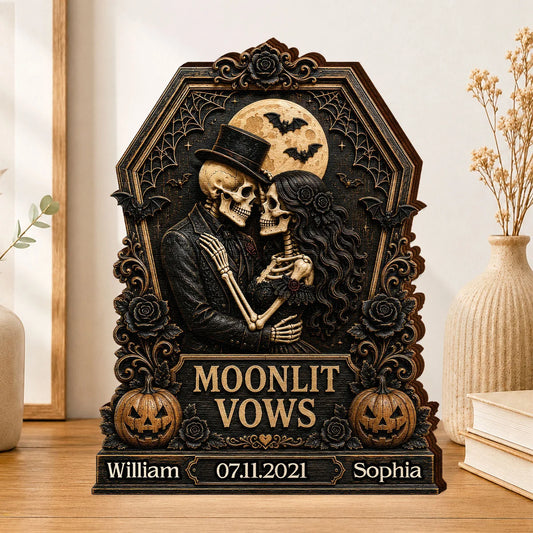 Moonlit Vows Skeleton Couple Personalized Wooden Block - Custom Halloween Wedding Anniversary Gift