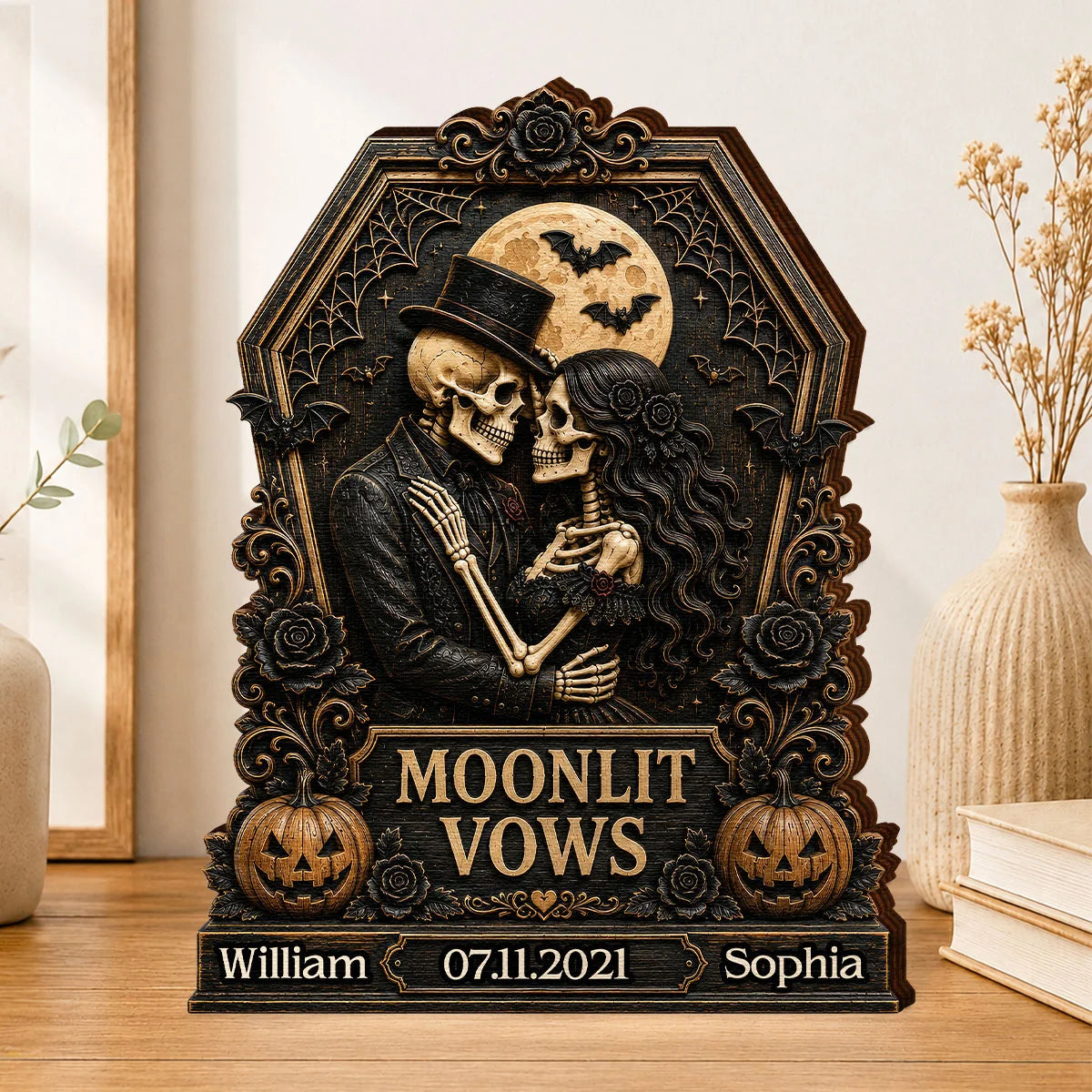 Moonlit Vows Skeleton Couple Personalized Wooden Block - Custom Halloween Wedding Anniversary Gift