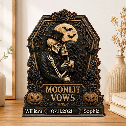 Moonlit Vows Skeleton Couple Personalized Wooden Block - Custom Halloween Wedding Anniversary Gift