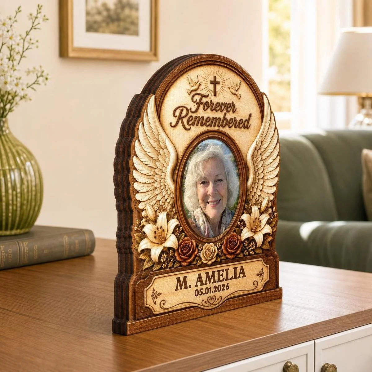 Forever Remembered Angel Wings - Personalized Memorial Wooden Block for Family Keepsake