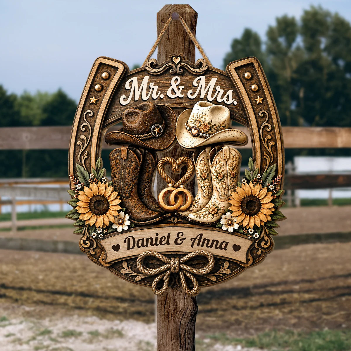 Mr. & Mrs. Horseshoe Personalized Couple Wood Sign - Custom Western Country Wedding Wall Decor