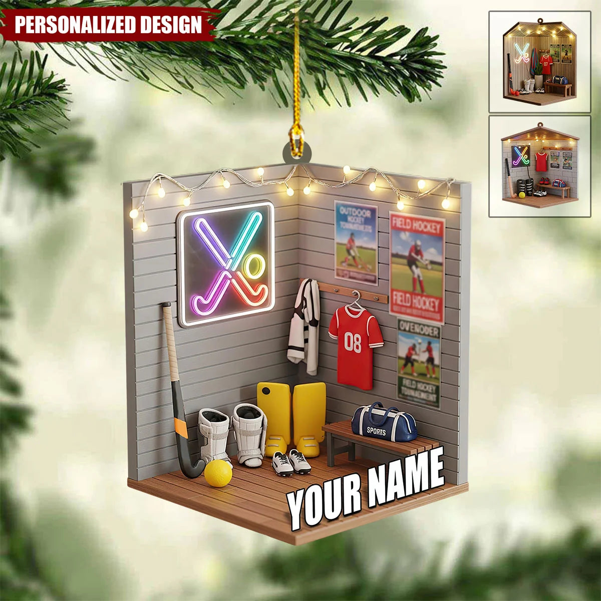 Locker Room Scene Personalized Field Hockey Christmas Ornament - Sports Keepsake Gift for Player and Teammate