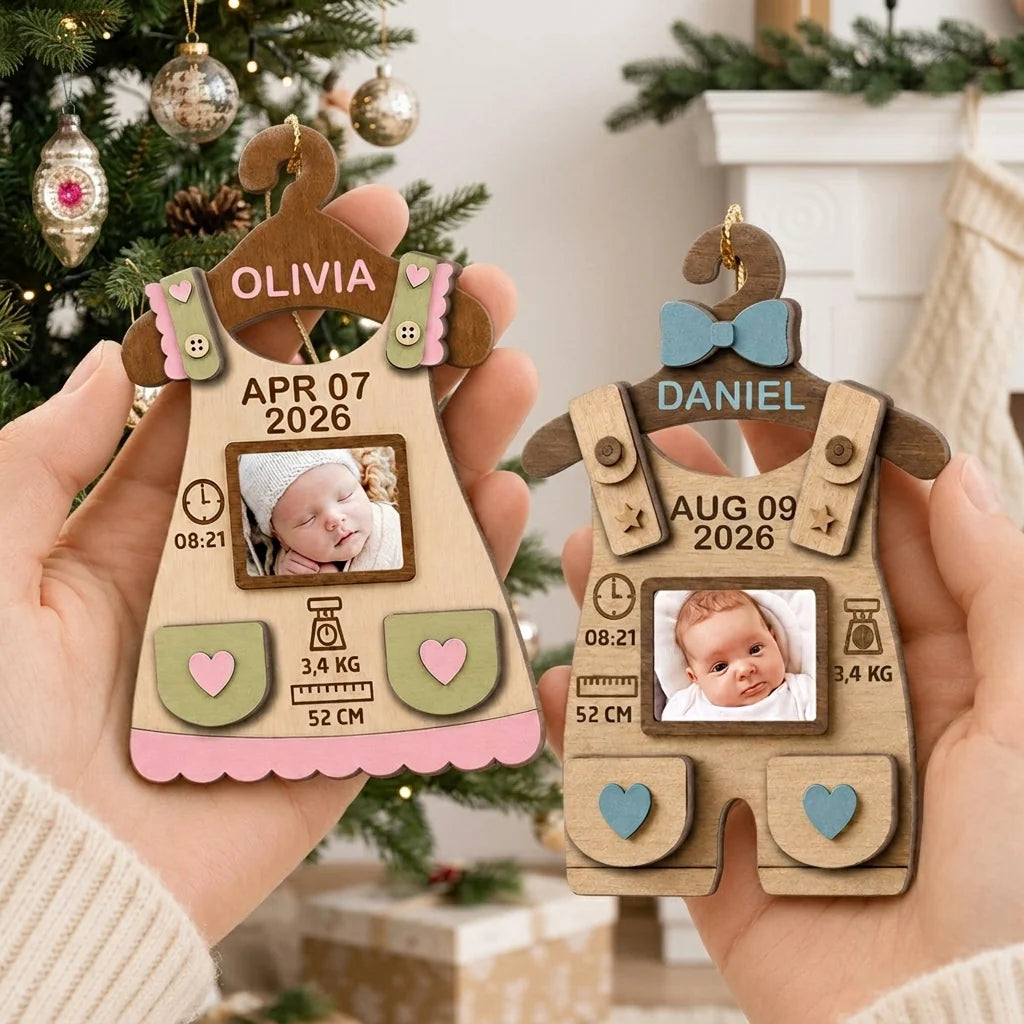 Personalized Baby First Christmas Ornament - Custom Wooden Romper Birth Stats Photo Keepsake Gift for New Parents