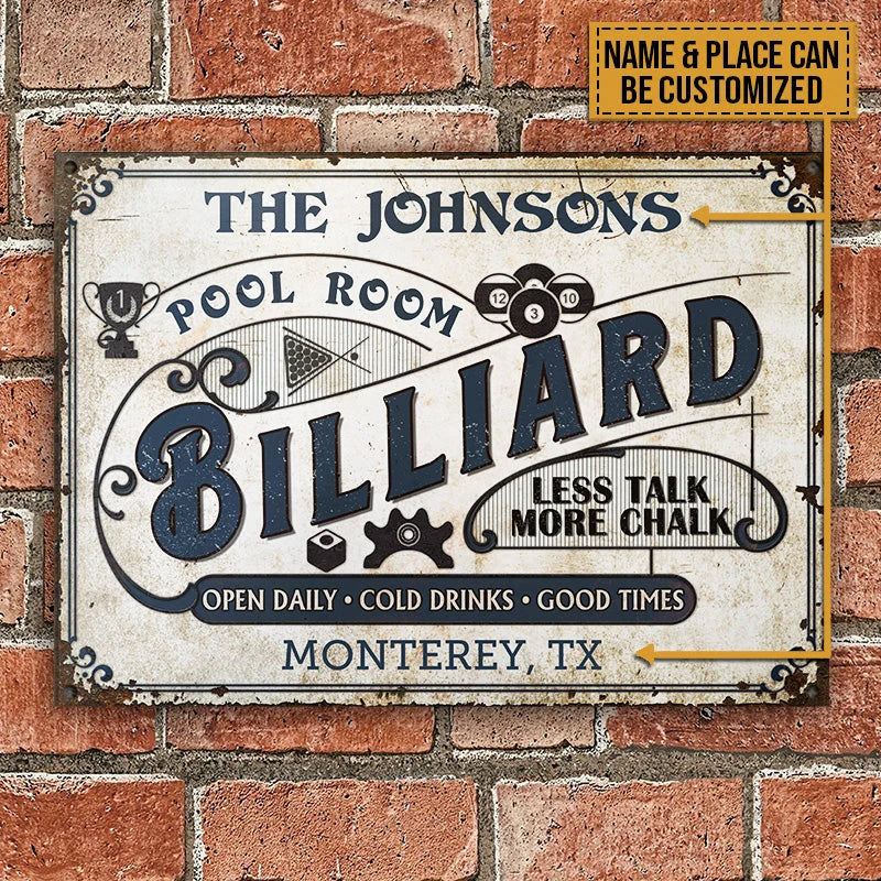 "Less Talk More Chalk" Personalized Billiard Metal Sign - Custom Pool Hall Decor