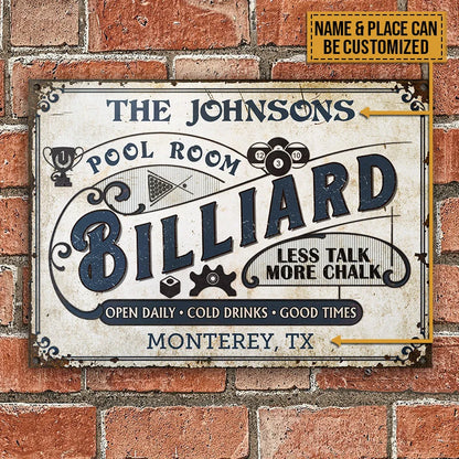 "Less Talk More Chalk" Personalized Billiard Metal Sign - Custom Pool Hall Decor