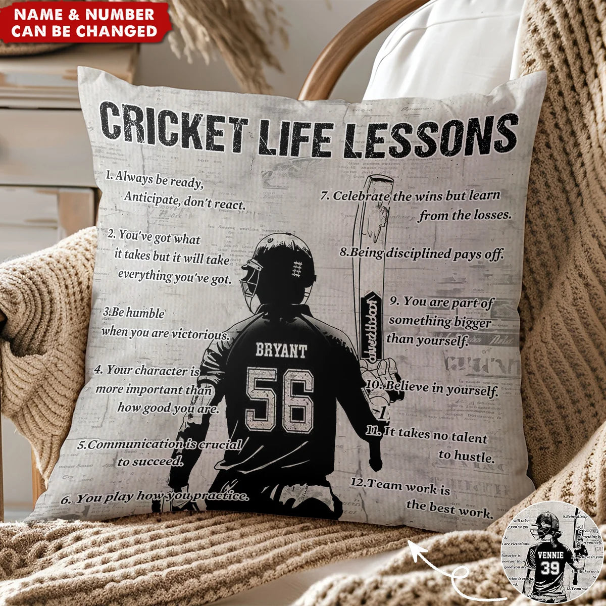 Cricket Life Lessons Personalized Pillow - Custom Name & Number Gift for Cricket Lovers