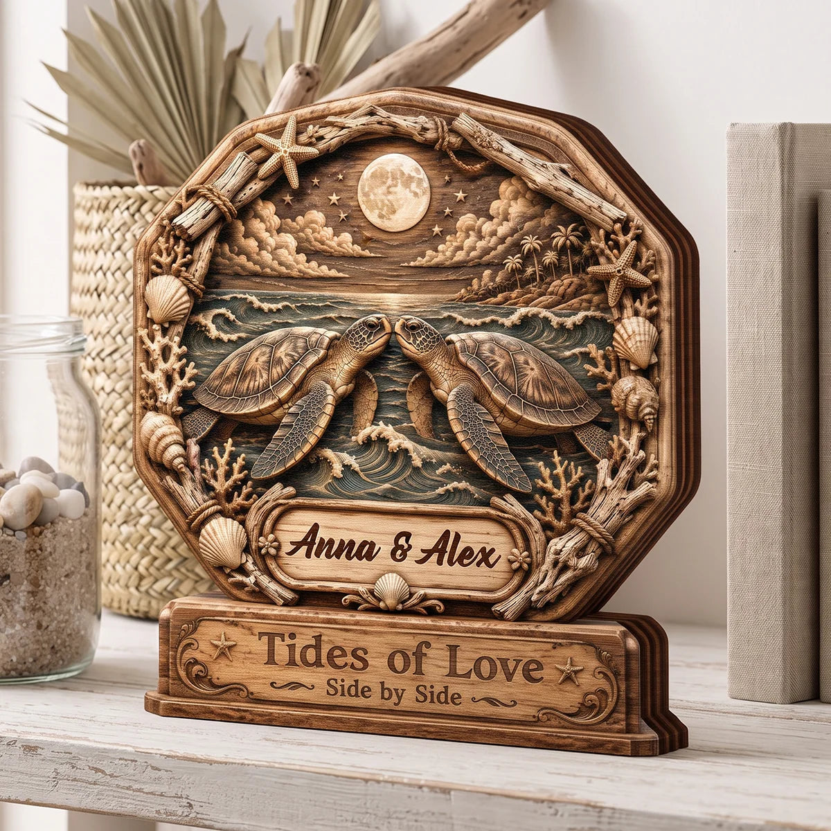 Tides Of Love Side By Side - Personalized Sea Turtle Wooden Block Gift for Couples