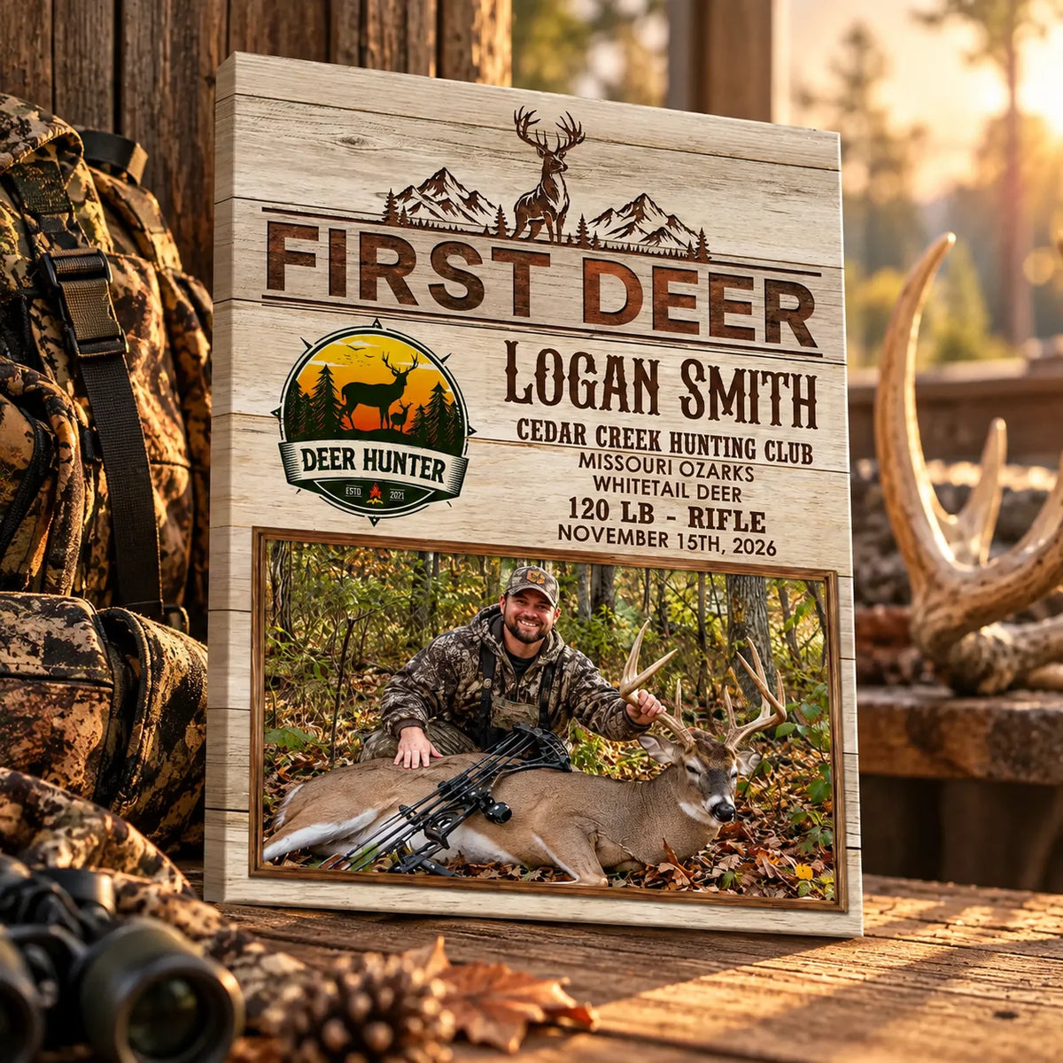 First Deer Personalized Hunting Photo Canvas / Poster - Custom First Buck Trophy Keepsake Gift for Dad & Son