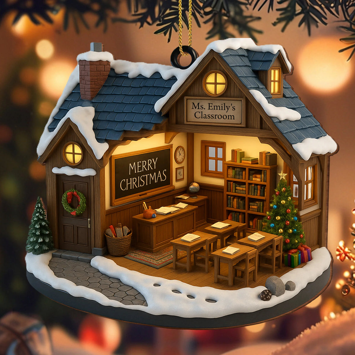 Merry Christmas Schoolhouse Ornament With Wreath And Tree