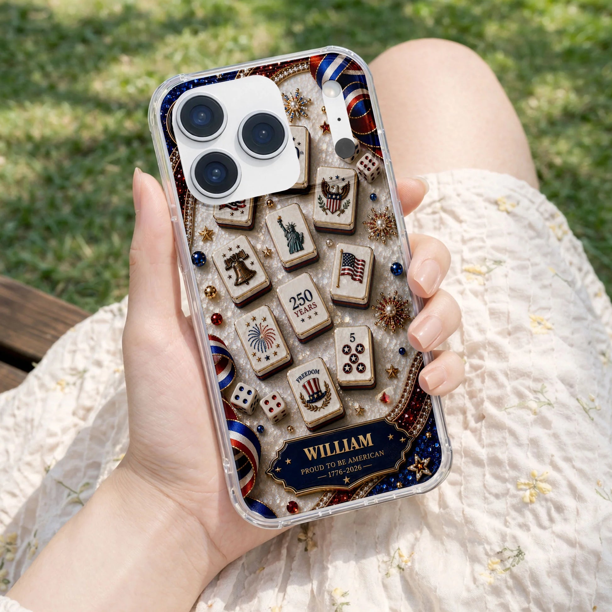 Personalized patriotic clear phone case with 3D mahjong tiles design for USA 250th anniversary gift image 8