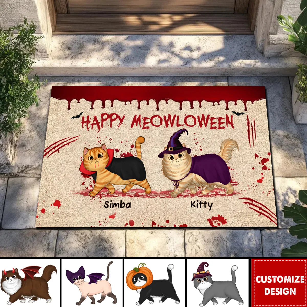 Happy Meowloween Personalized Halloween Cat Doormat - Front Porch Decor for Cat Lovers