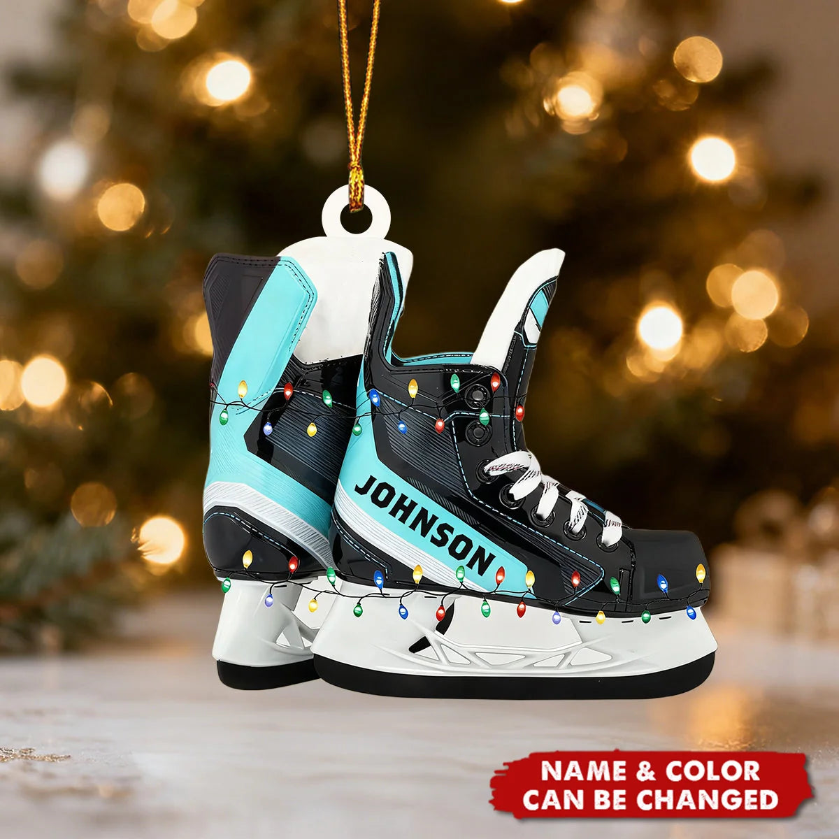 Custom Ice Hockey Skates Christmas  Wooden Ornament - Personalized Name & Color Holiday Gift for Son