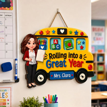 Personalized teacher wood sign shaped like a school bus with custom name print - unique gift for classroom decor image 6