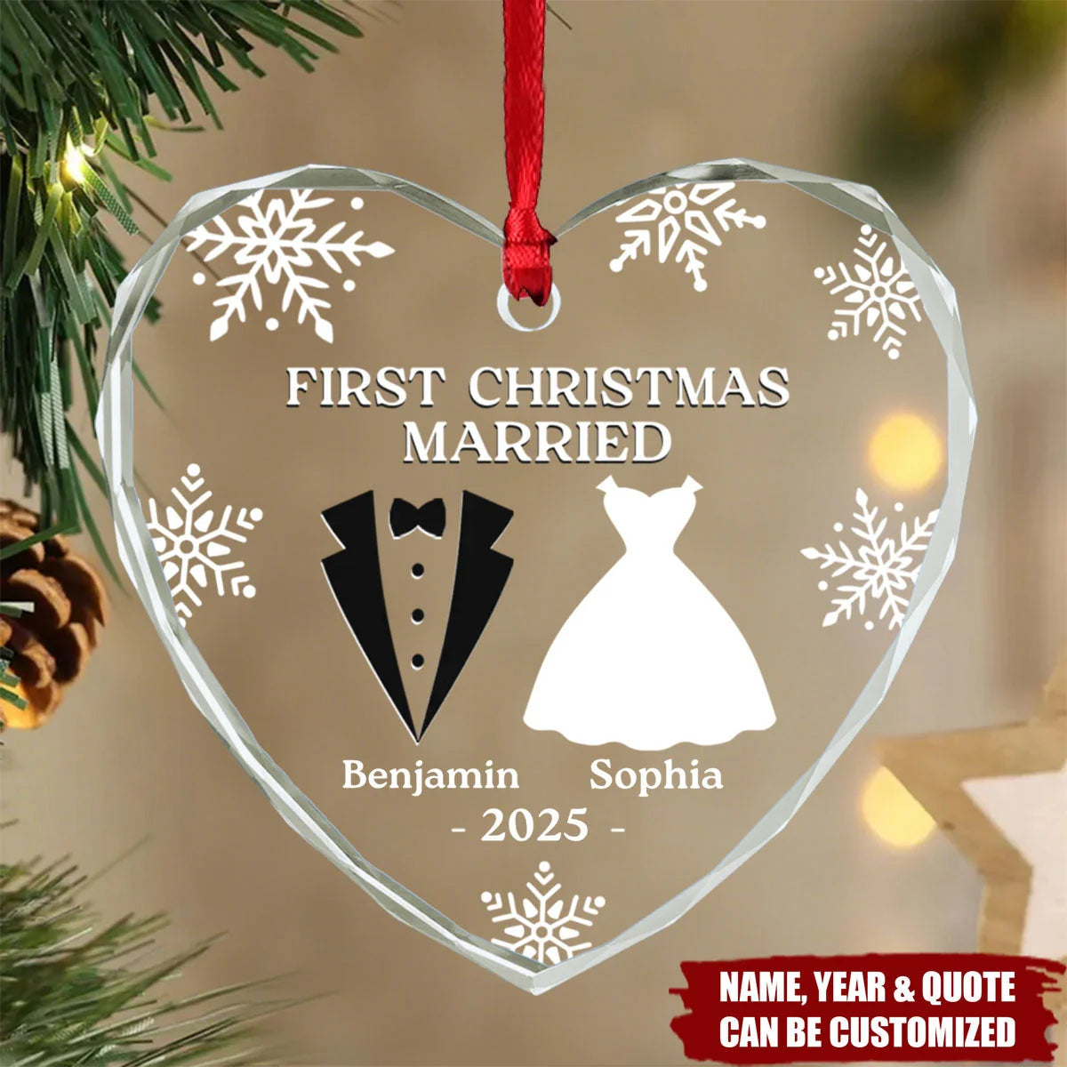 First Christmas Married Heart Glass Ornament - Custom Newlywed Couple Keepsake Gift