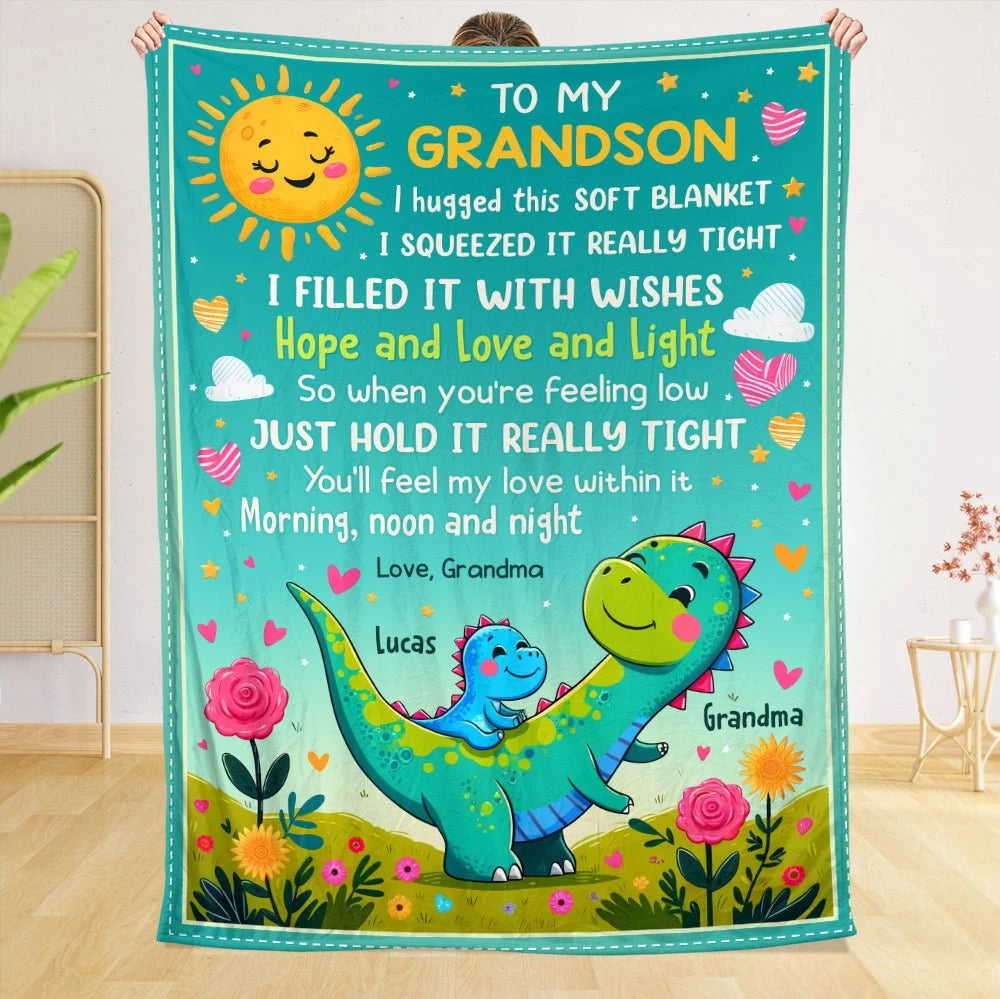 Blanket material and size view - Personalized Grandson Dinosaur Blanket