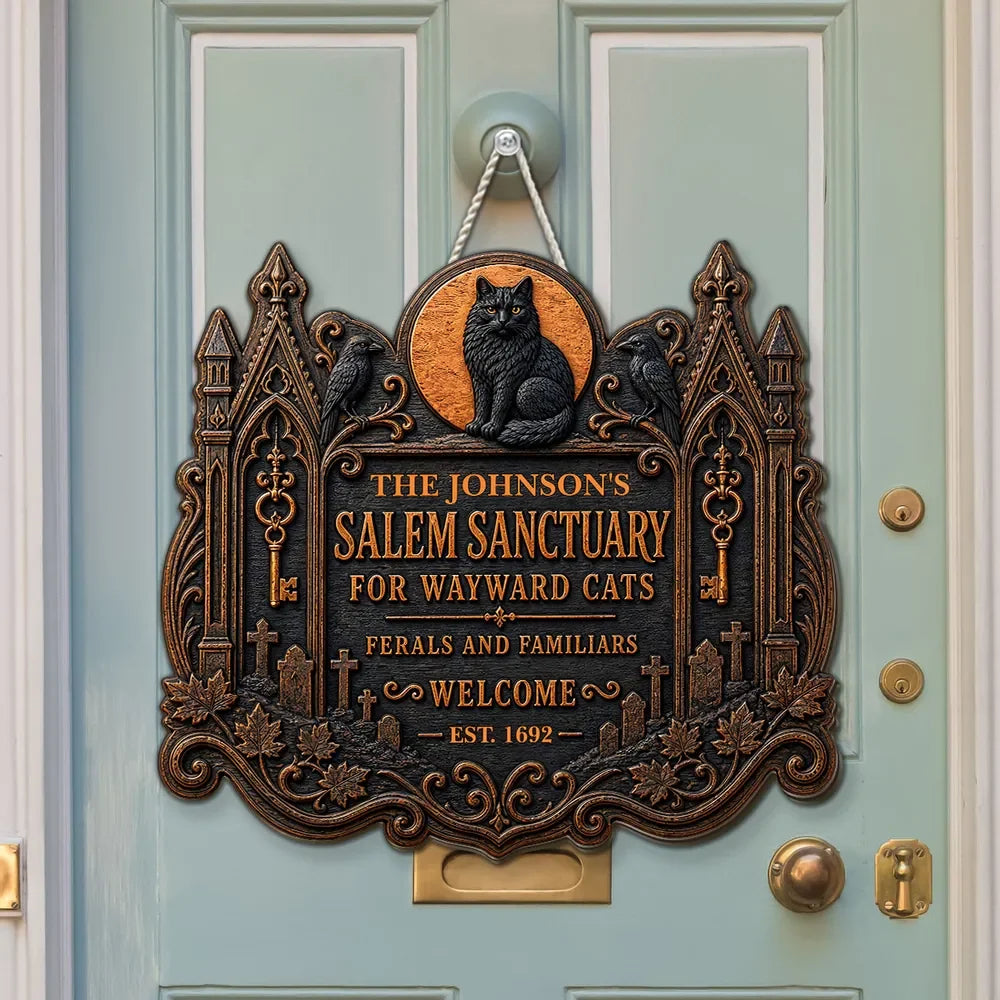 Salem Sanctuary For Wayward Cats Personalized Wood Sign - Custom Black Cat Halloween Gift