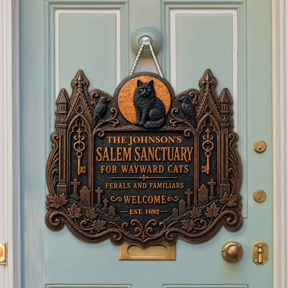 Salem Sanctuary For Wayward Cats Personalized Wood Sign - Custom Black Cat Halloween Gift