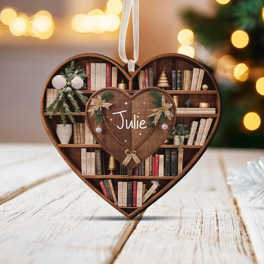 Personalized Bookshelf Heart Wood Ornament - Custom Christmas Gift for Book Lovers