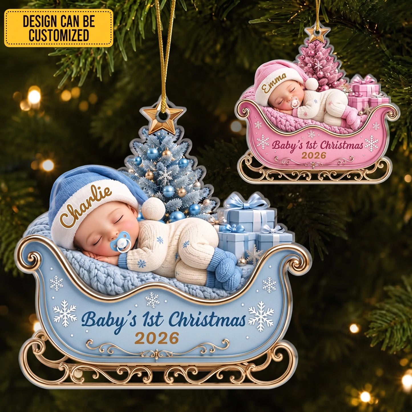 Baby's 1st Christmas Personalized Acrylic Sleigh Ornament - Custom Newborn Holiday Keepsake Gift