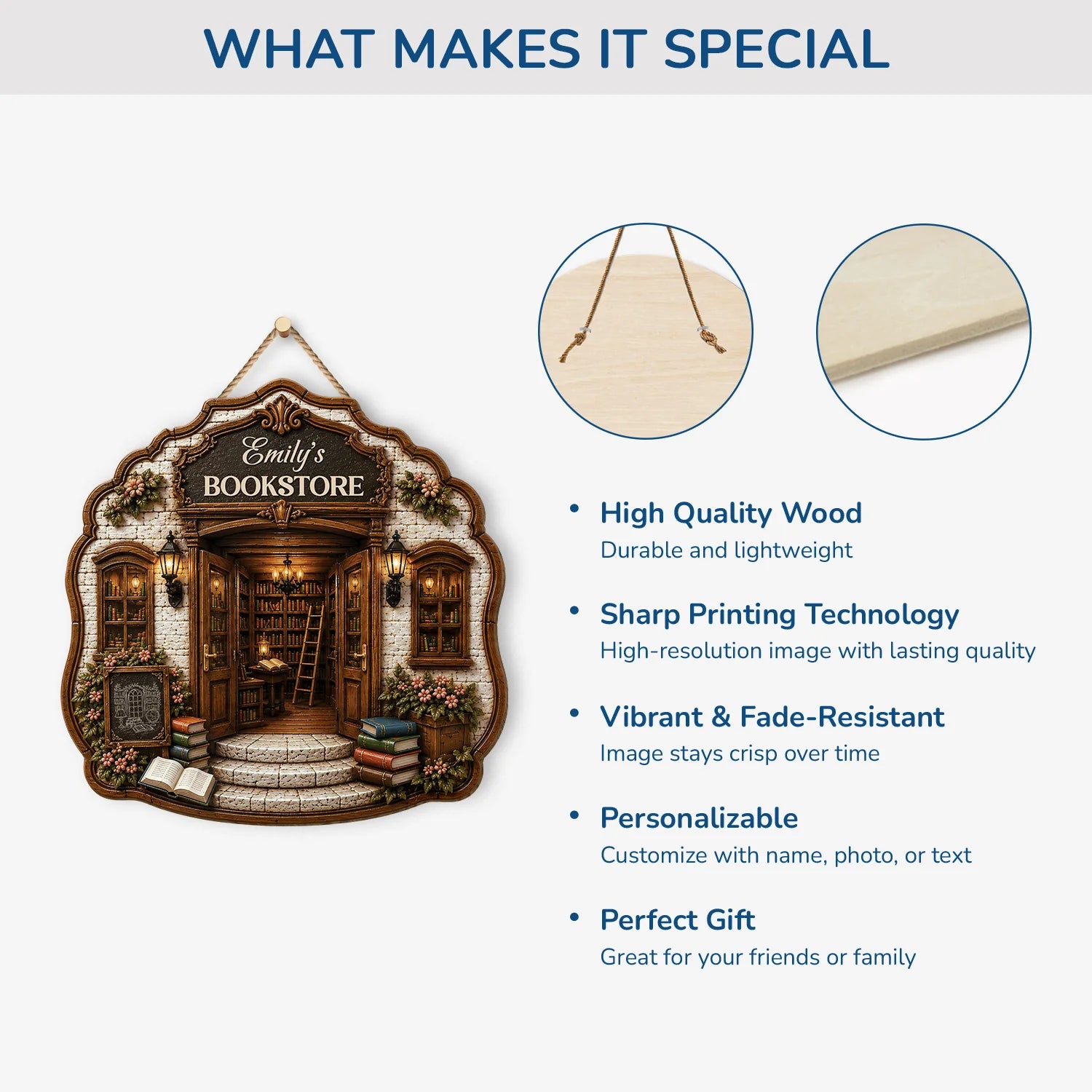Wood Sign material and size view - Custom Bookstore Wood Sign