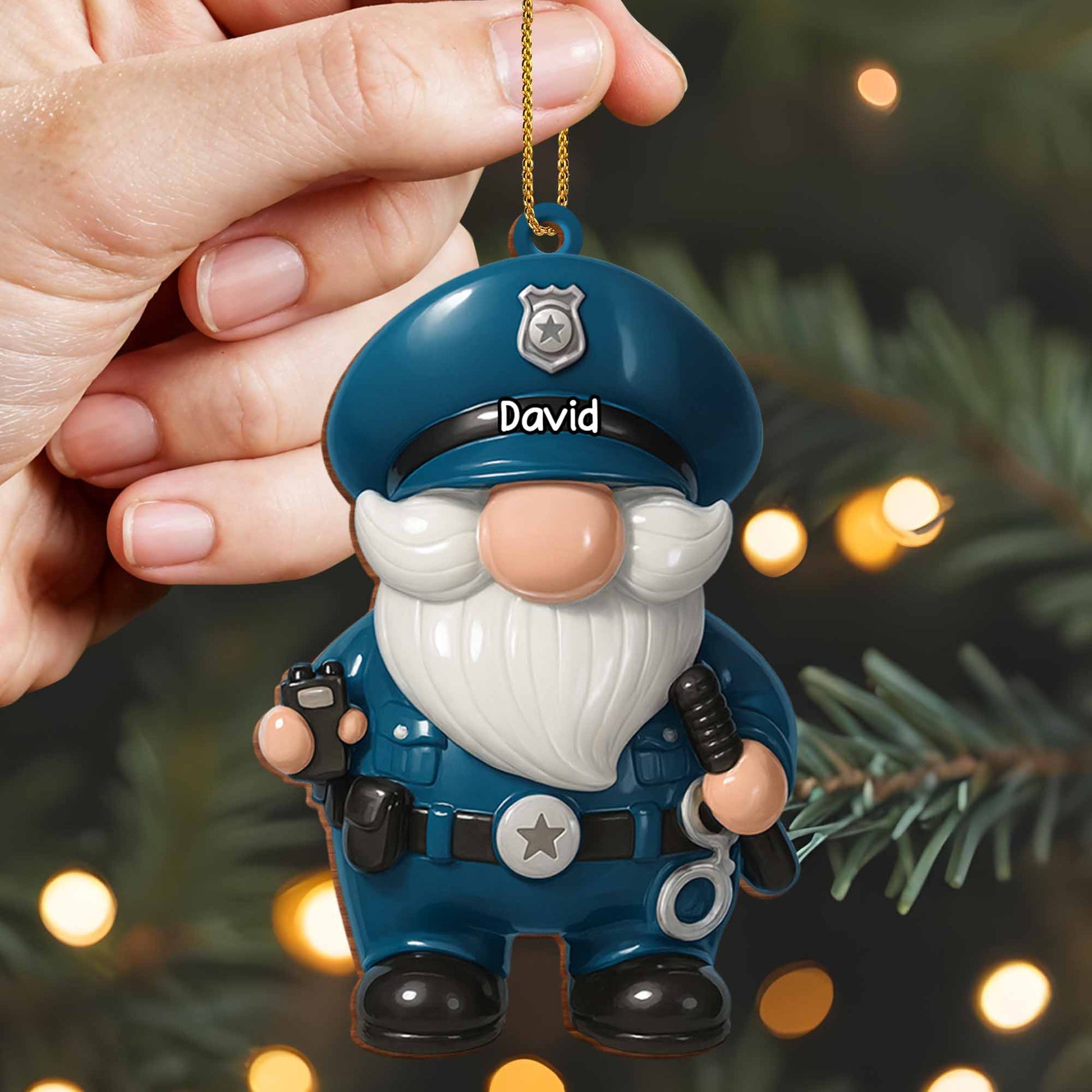 Personalized police ornament with custom name police officer gnomes on a Christmas tree image 7