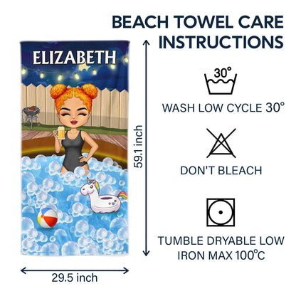 Personalized beach towel with a custom blonde chibi character surfing on a wave next to a shark illustration image 6