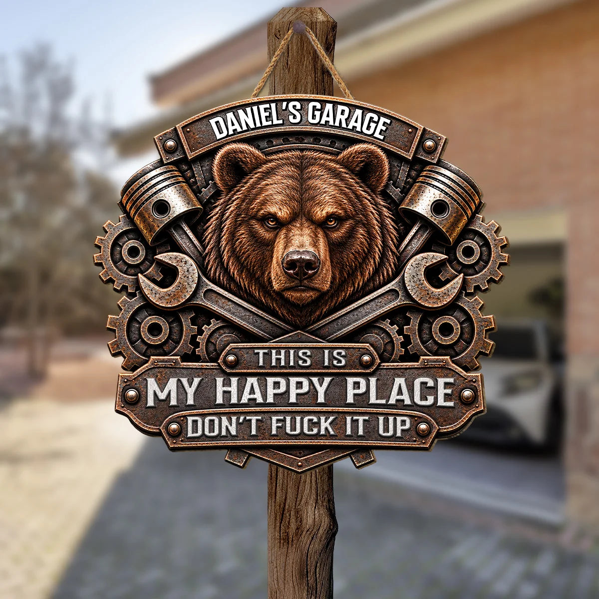 This Is My Happy Place - Personalized Bear Garage Wood Sign