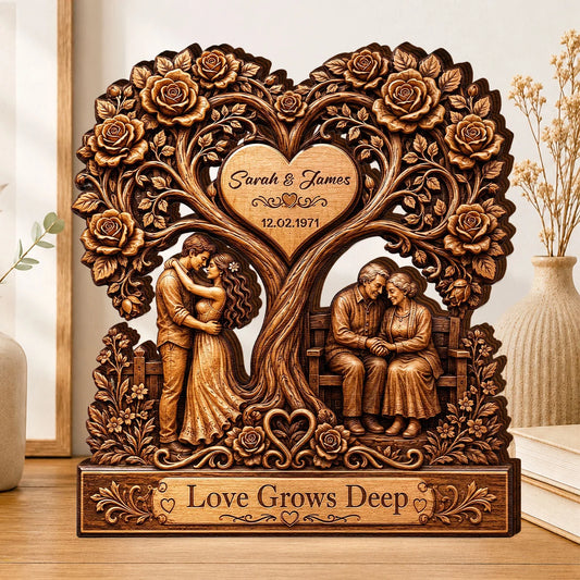 Love Grows Deep Custom Heart Tree Wooden Block - Personalized Anniversary Gift for Couple