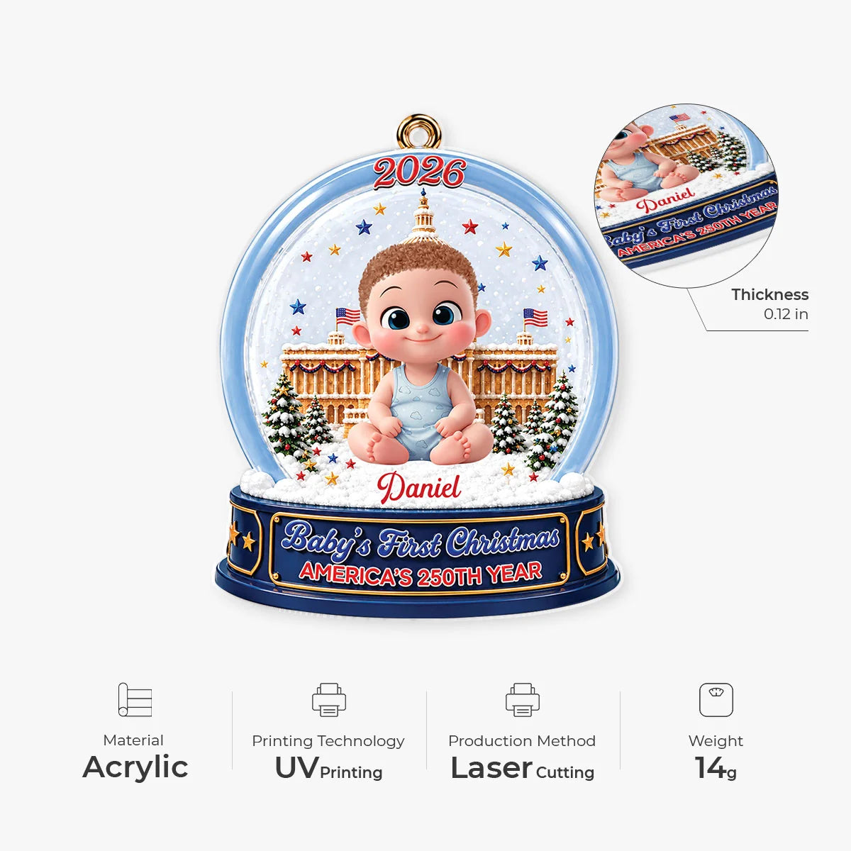 Baby's First Christmas America's 250th Year - Personalized Acrylic Ornament for Newborn Keepsake