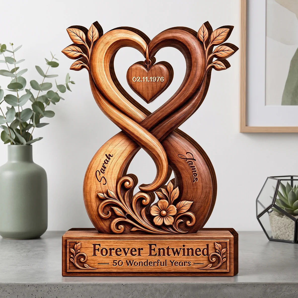 Forever Entwined Infinity Heart Personalized Wooden Block - Anniversary Keepsake for Couples