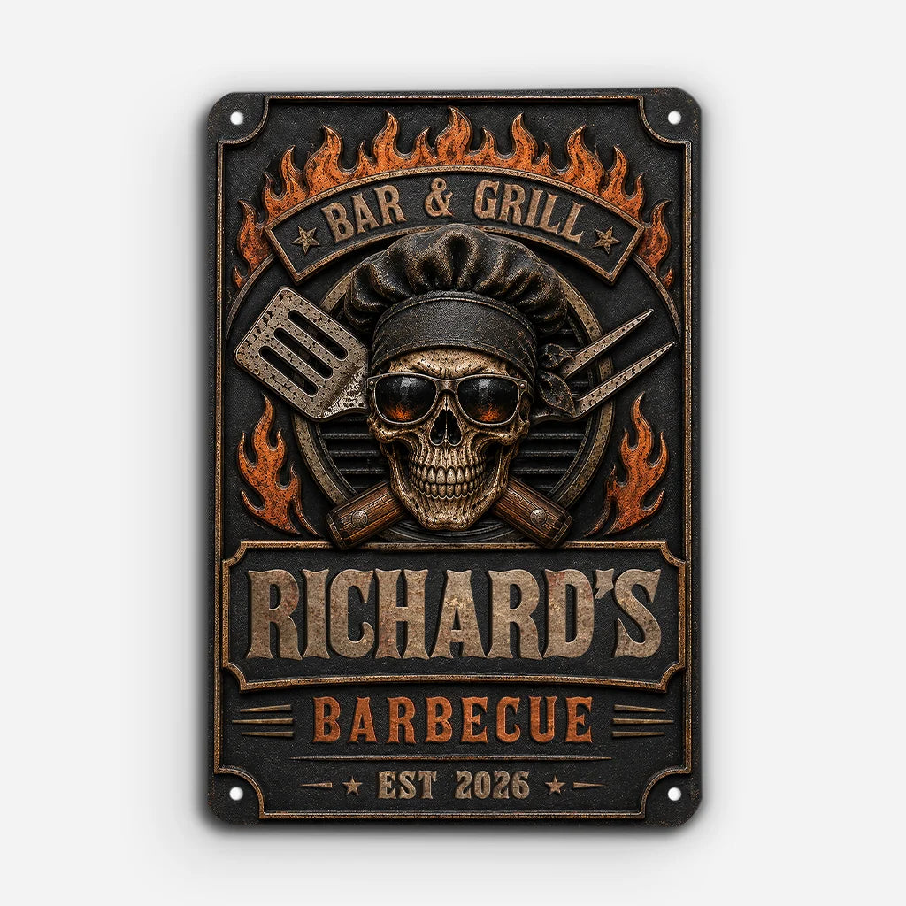 Grill and Chill Skull Personalized BBQ Metal Sign - Custom Backyard Barbecue Decor