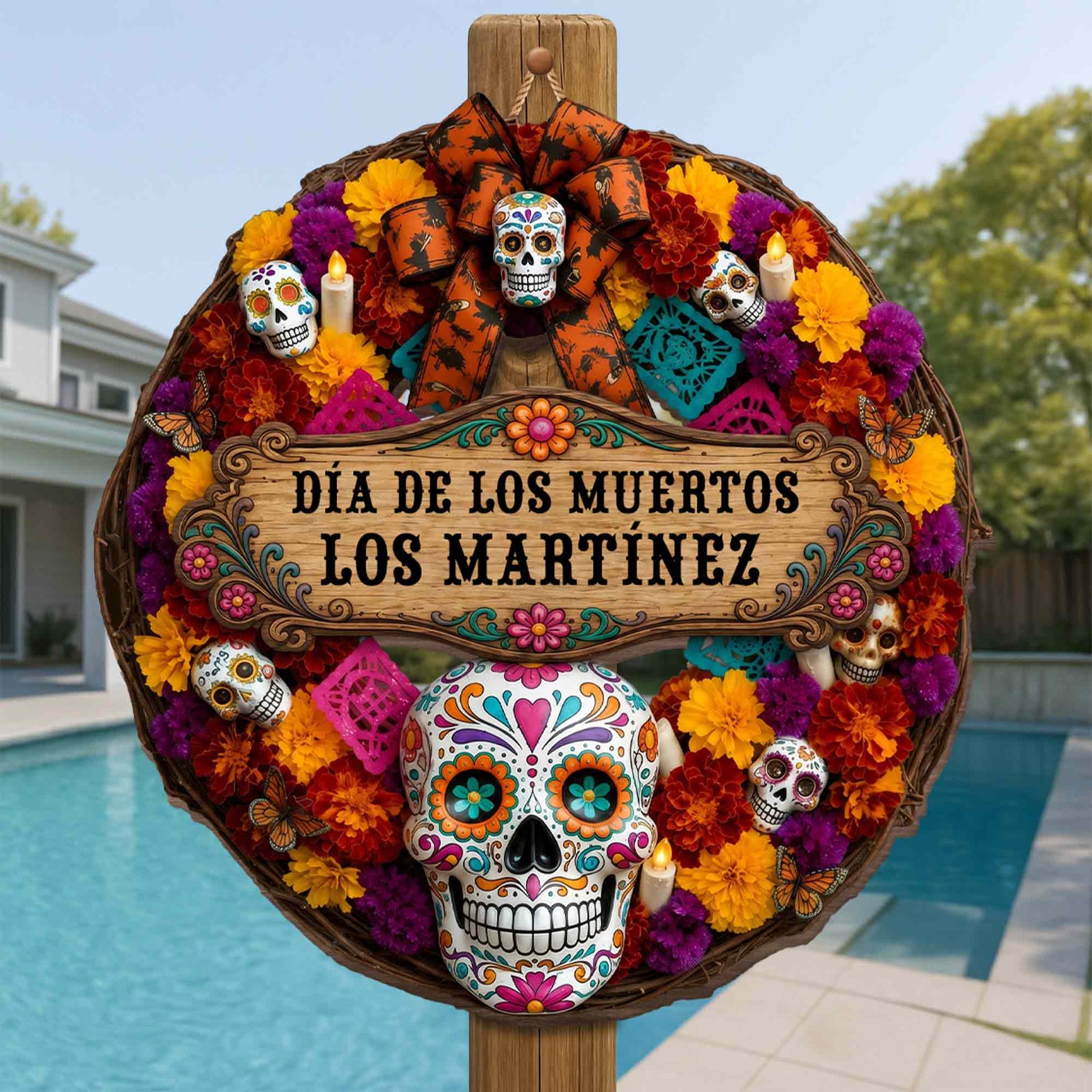 Día De Los Muertos Personalized Wood Sign - Custom Family Sugar Skull Wreath Decor