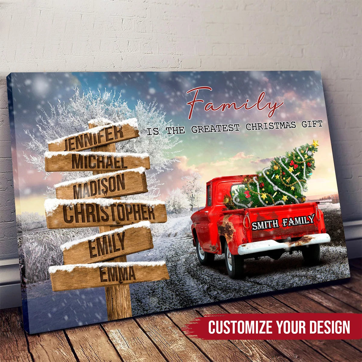 "Family Is The Greatest Christmas Gift" Personalized Canvas / Poster - Custom Vintage Red Truck Wall Art