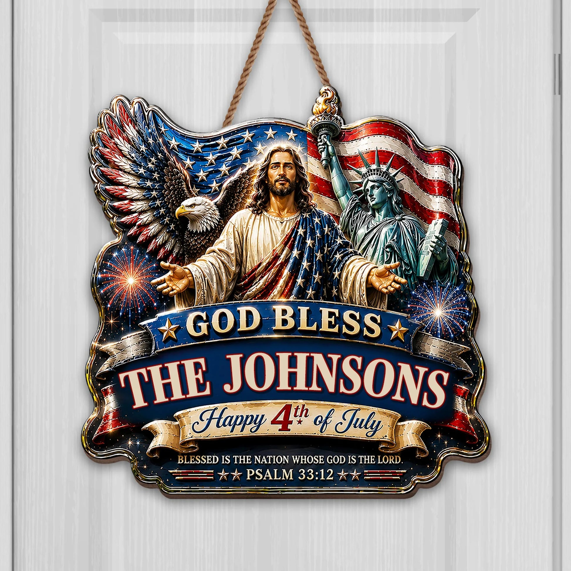 Custom family name wood sign with Jesus, American flag, eagle, and Statue of Liberty for 4th of July decor