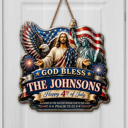 Custom family name wood sign with Jesus, American flag, eagle, and Statue of Liberty for 4th of July decor
