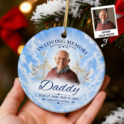 "In Loving Memory Your Love Lives On" Personalized Ceramic Ornament - Custom Photo Memorial Keepsake Gift