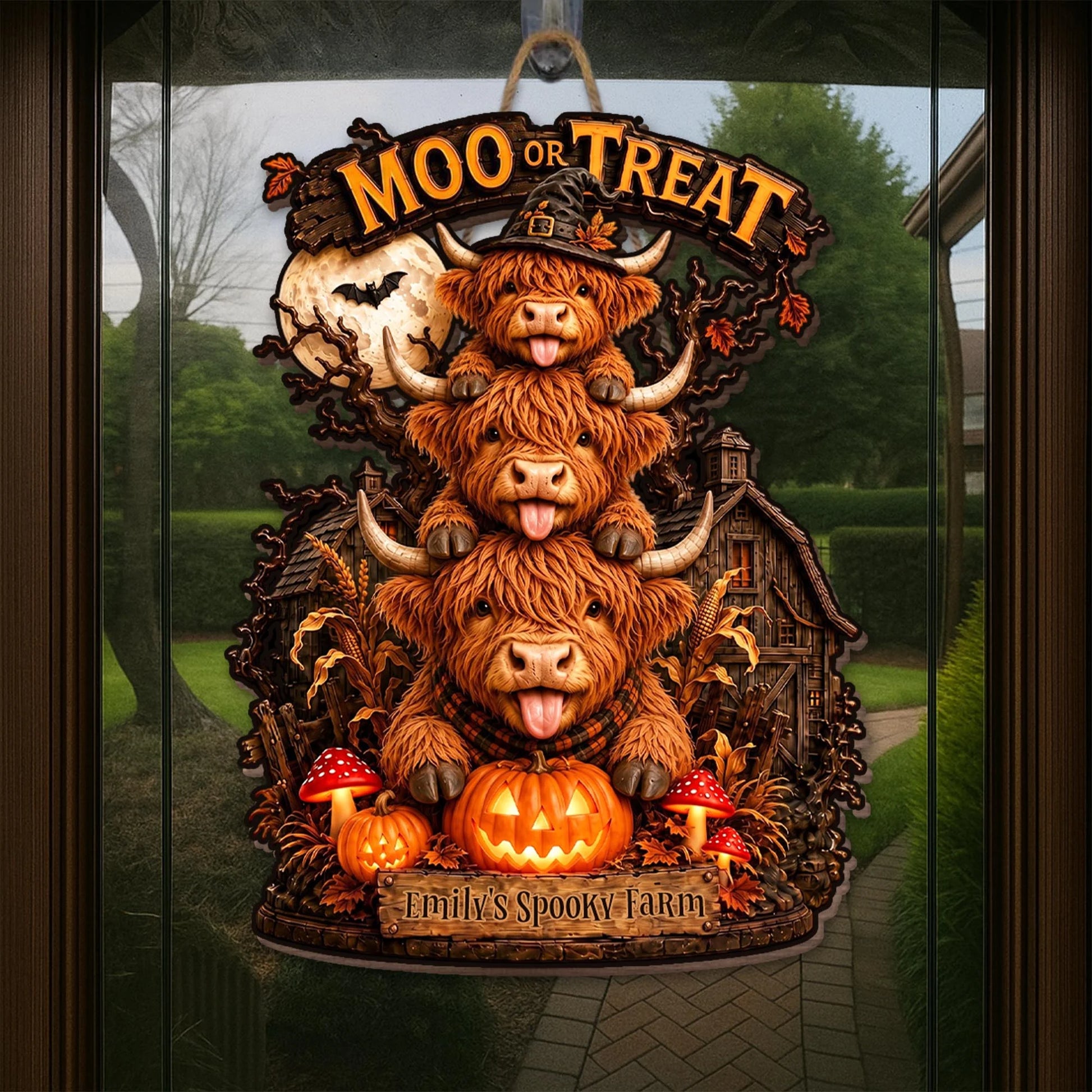 Moo Or Treat Personalized Highland Cow Wood Sign - Custom Halloween Farm Decor