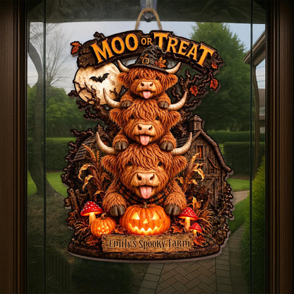 Moo Or Treat Personalized Highland Cow Wood Sign - Custom Halloween Farm Decor