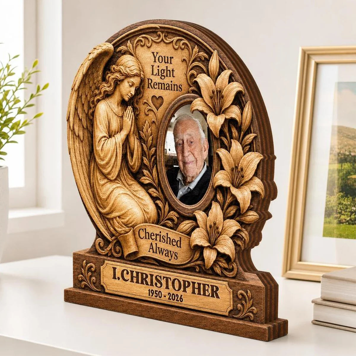 "Your Light Remains Cherished Always" Personalized Memorial Wooden Block - Custom Photo Bereavement Gift for Family